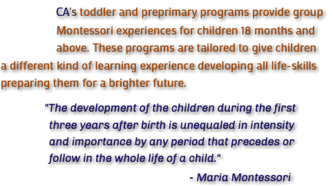 &nbsp;CA's toddler and preprimary programs provide group Montessori experiences for children 18 months and above. These programs are tailored to give children a different kind of learning experience developing all life-skills preparing them for a brighter future. "The development of the children during the first three years after birth is unequaled in intensity and importance by any period that precedes or follow in the whole life of a child." - Maria Montessori